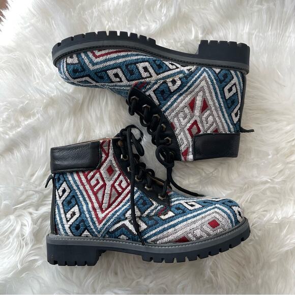 Weavers Alaska | Unisex Women’s Hiking Boots Blue Black Geometric Pattern Boho - Picture 5 of 9